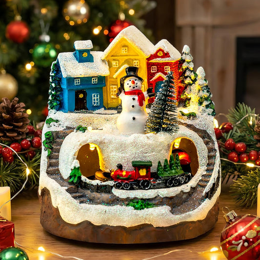 MXwcy Christmas Village House - Moving Train & Music, LED Lighted Snowman Figurine | Holiday Decor Collectible