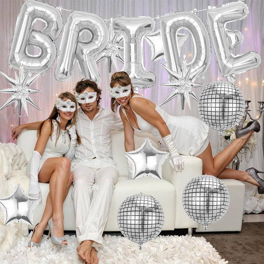 Silver Bride Balloons Bachelorette Party Decorations, 32in Silver Giant Bride Balloons with 4D Disco Ball Balloon and Star Foil Balloon for Bridal Shower Wedding Engagement Party Supplies
