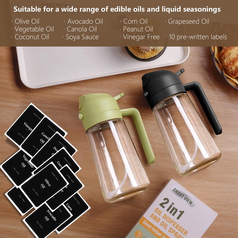 SWEET VIEW Olive Oil Sprayer for Cooking, 16oz/470ml Glass Oil Dispenser/Pour Bottle, Kitchen Accessories, Kitchen Gadgets for Air Fryer, Salad, BBQ, with Stickers (Black)