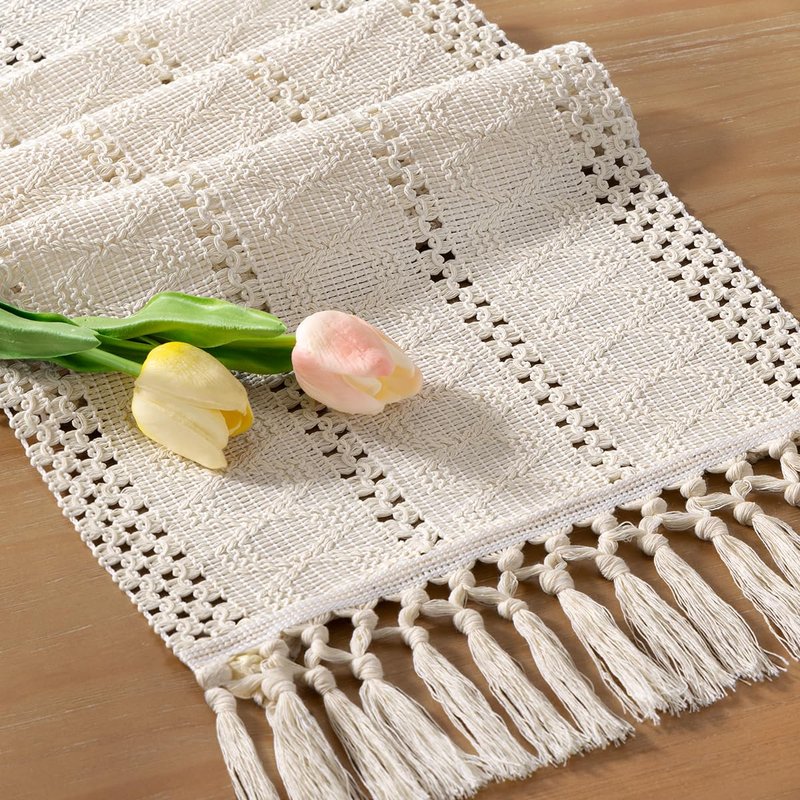 Socomi Boho Table Runner Summer Farmhouse Rustic Dining Kitchen Centerpiece Decor Small Macrame Woven Cotton Linen Coffee Table Runner for Dresser Scarf Home Decor 12x48 inch Beige