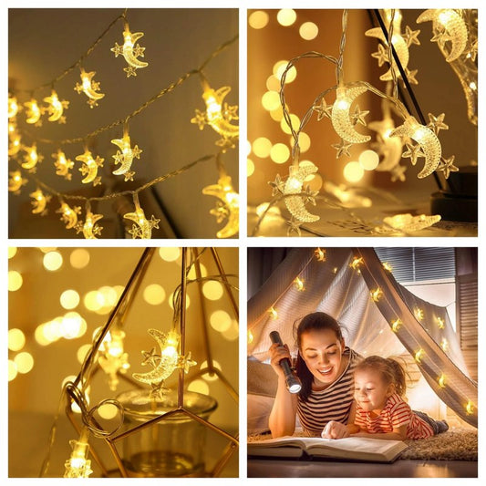 LANZODA Fairy Lights Battery Operated or USB Plug in 26ft/8M 40LED 8 Modes with Timer Ramadan Decorations for Home Moon and Star Lights Wedding Christmas Diwali Eid Room Decor Warm White
