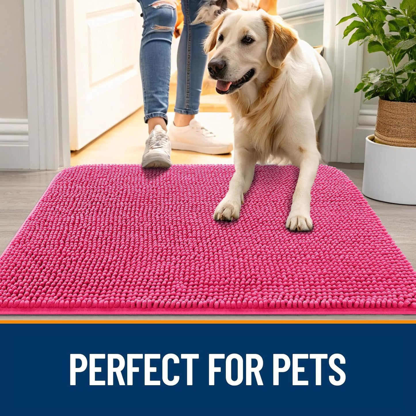 OLANLY Dog Door Mat - Absorbent Non-Slip Washable Doormat for Muddy Paws | 34x21 Hot Pink