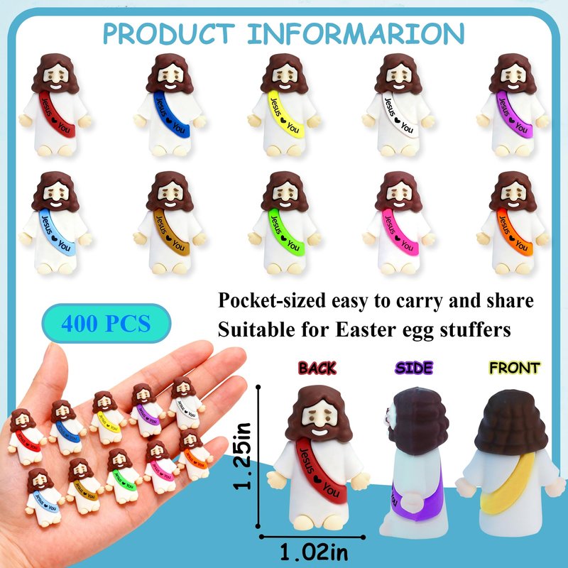 TFengfly 50 Pcs Little Jesus Figures Small Easter Jesus Loves You Toys 10 Colors Mini Rubber Jesus Miniatures to Hide and Seek Religious Gift Party Favors Easter Egg Stuffers Sunday School (50)