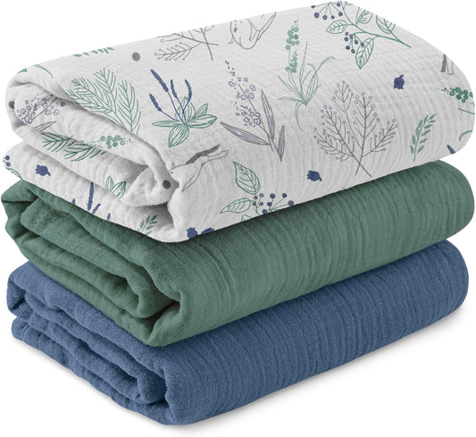 Skiennix Muslin Swaddle Blankets - Breathable Soft Receiving Blankets, 3 Pack, Large 38 x 40 Inches (Fawn & Leaves)