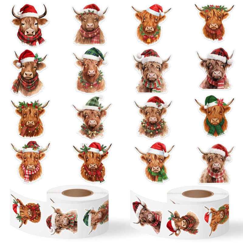BkeeCten Christmas Highland Cow Sticker - 600 Pcs Christmas Highland Cow Waterproof Vinyl Reusable Laptop Sticker Coloring Book Scrapbook Water Bottle Page Activity Pad Party Favor Skateboard Giftwrap