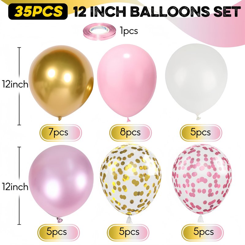 Pink Gold Balloons Set, 12 Inch Pink White Latex Balloons Pink Confetti Helium Balloons Pink and Metallic Gold Party Balloons for Bridal Baby Shower Wedding Girl Women Birthday Decorations