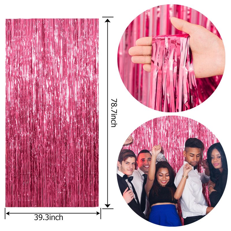 2 Pack Foil Curtain Backdrop Pink Metallic Tinsel Foil Fringe Curtains Photo Booth Props for Birthday Valentines Day Wedding Engagement Baby Shower Bachelorette Christmas Holiday Party Decorations