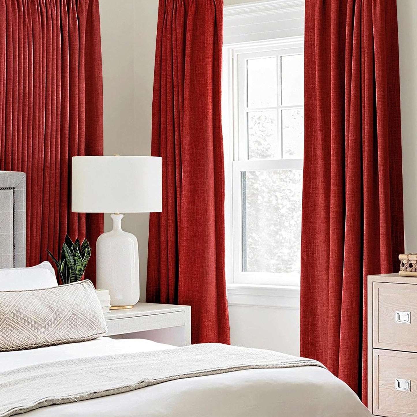 MIULEE 100% Blackout Linen Curtains - Thermal Insulated Red Grommet Drapes | 52 x 96 Inch (2 Panels)