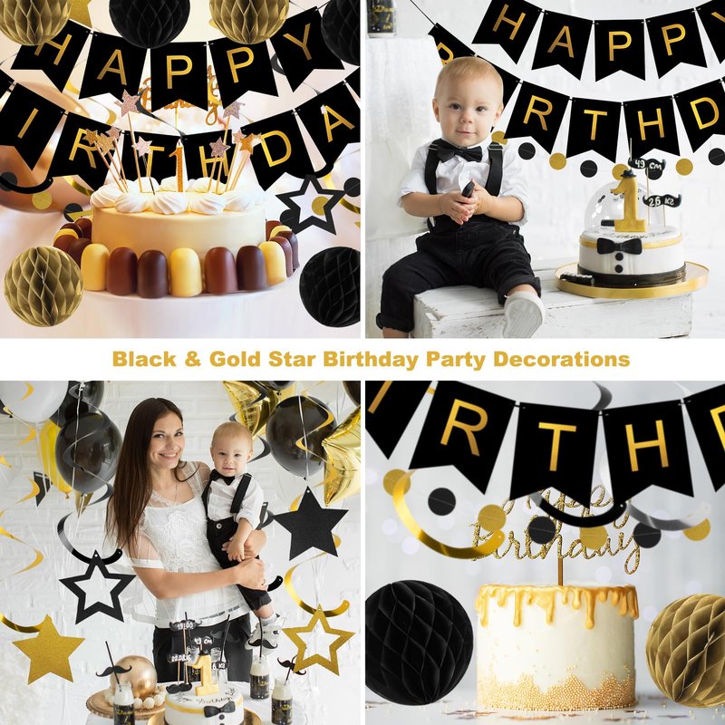 meowtastic Birthday Decorations, Happy Birthday Banner with Honeycomb Balls, Star Hanging Swirl Streamers, Circle Dot Garland, Happy Birthday Party Decorations for Women Men Boys Girls (Black & Gold)