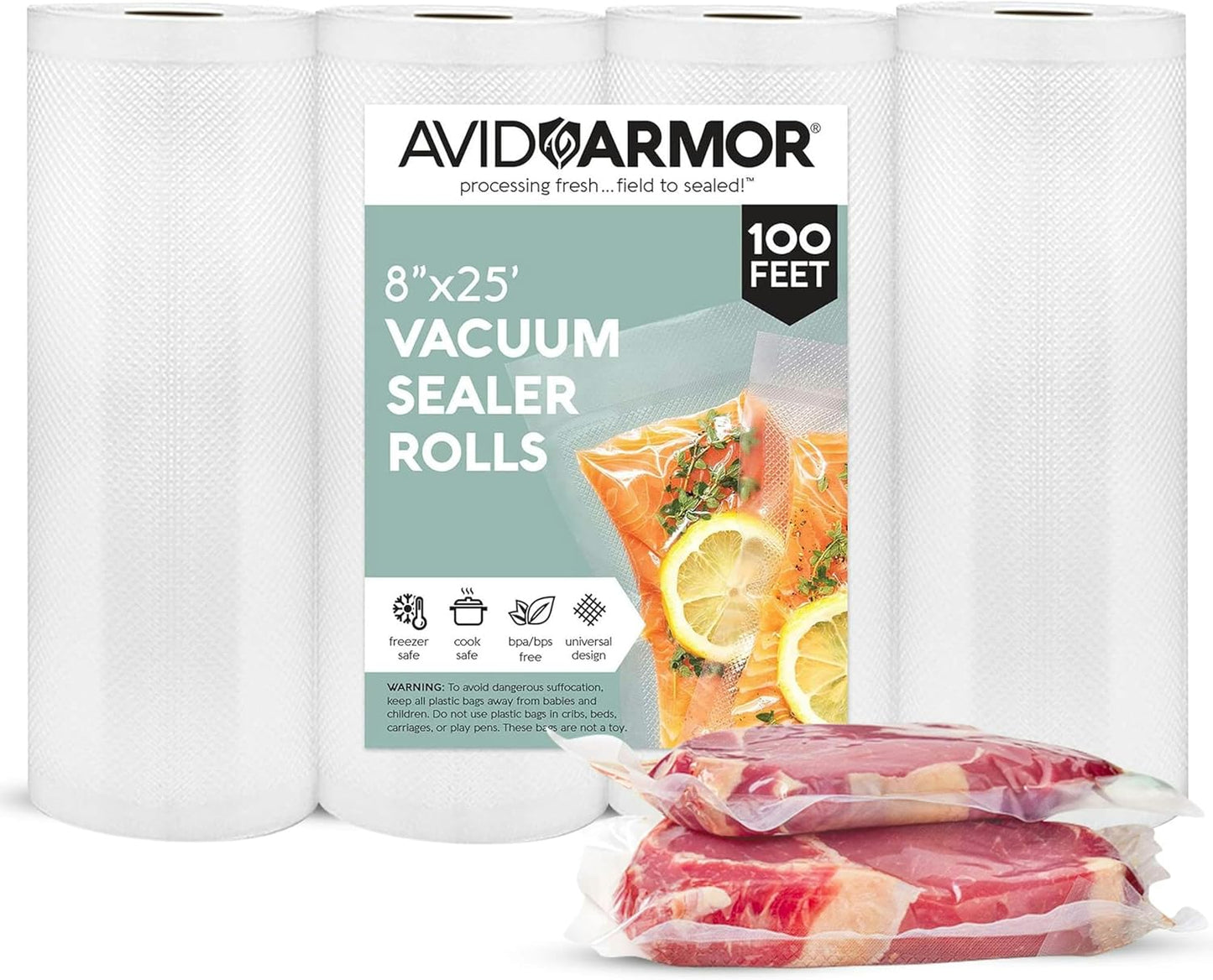 Avid Armor Vacuum Sealer Bags - Heavy Duty 8x25 Rolls | BPA-Free Food Storage & Meal Prep Bags