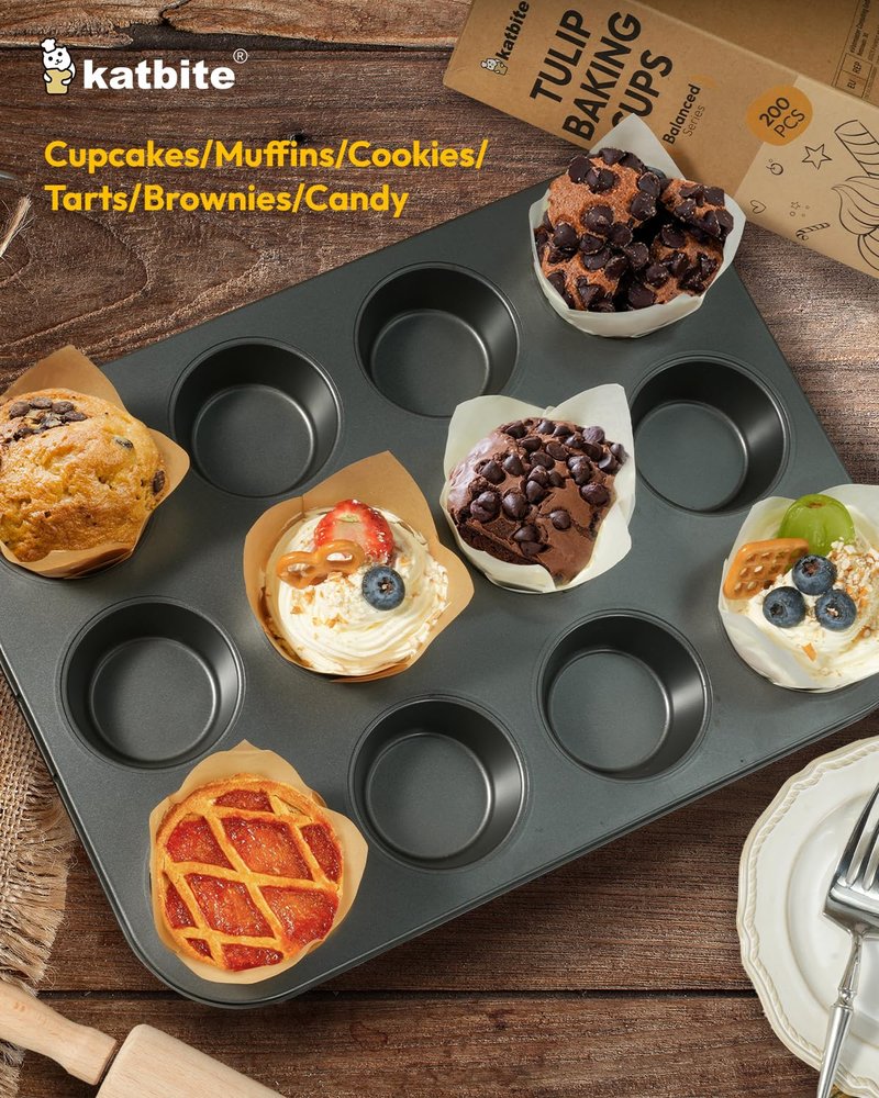 Katbite Tulip Cupcake Liners 200PCS, Muffin Baking Cups ProSmooth Brown