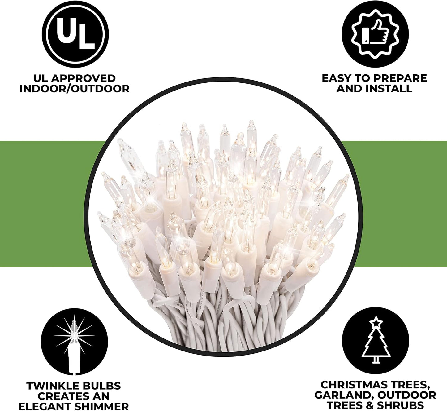 612 Vermont Clear Christmas Twinkle Lights - 100 Lights on White Wire | Indoor/Outdoor Use, 20.6' Lighted Length