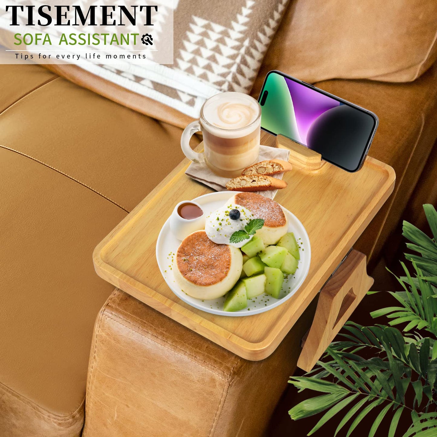 TISEMENT Couch Tray for Wide Sofa, 11.8’’ × 8.7’’ Clip On Sofa Arm Tray with 360° Rotating Bracket,Foldable Couch Arm Table for widening Space, Rubber Wood Couch Cup Holder for Drinks/Snacks/Fruits