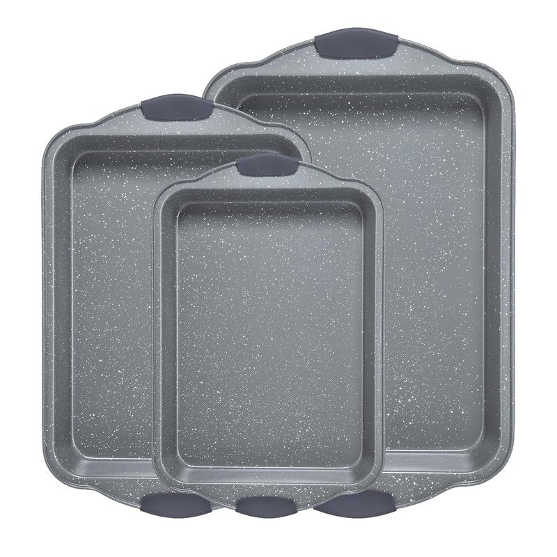 Anveena 3-Piece Nonstick Kitchen Oven Baking Pans - Premium & Stylish Non-Stick Steel, Commercial Grade Restaurant Quality Metal Bakeware with Red Silicone Handles - Easy to Clean gray