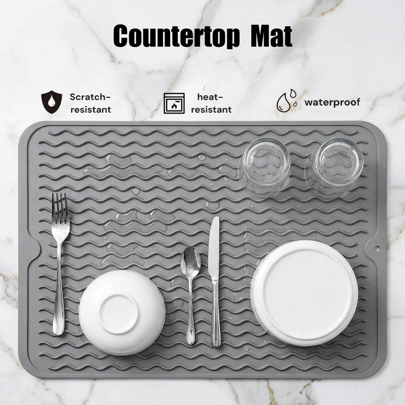 MicoYang Silicone Dish Drying Mat for Kitchen Counter or Sink, Refrigerator or Drawer Liner, Easy Clean, Eco-Friendly, Heat-Resistant, Grey, 16 inches x 12 inches