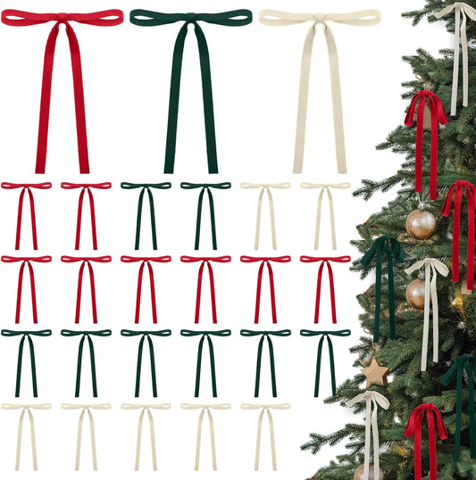 Skiennix Velvet Bows - Vintage Double-Faced Christmas Tree Ornaments | 24 Pcs, 5x7 Inch, Red/Green/White