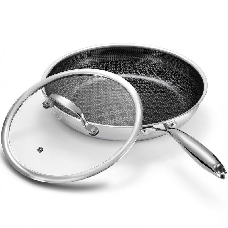 10 Inch Non Stick Frying Pan with Lid, Hybrid Nonstick Stainless Steel Skillet Pan with Stay-cooling Handle, PFOA Free Non Toxic Dishwash & Oven Safe Kithchen Cookware Set Compatible All Cooktops