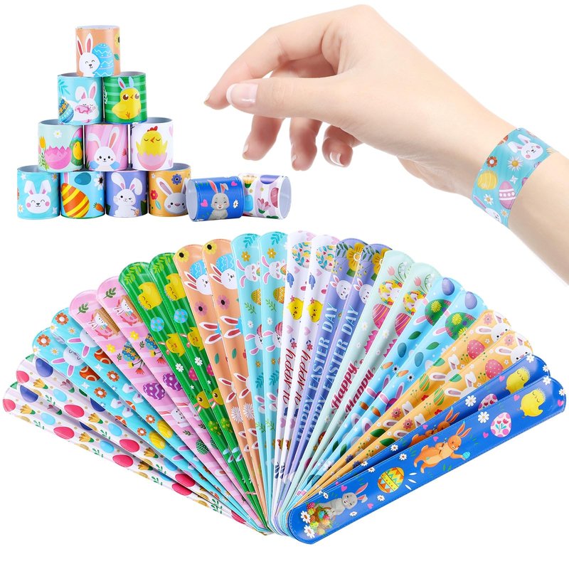 xutengy 48Pcs Easter Party Favors Decorations Slap Bracelets Rubber Wristbands for Kids Girls Boys，Easter Basket Stuffers Easter Egg Fillers Gifts for Toddlers