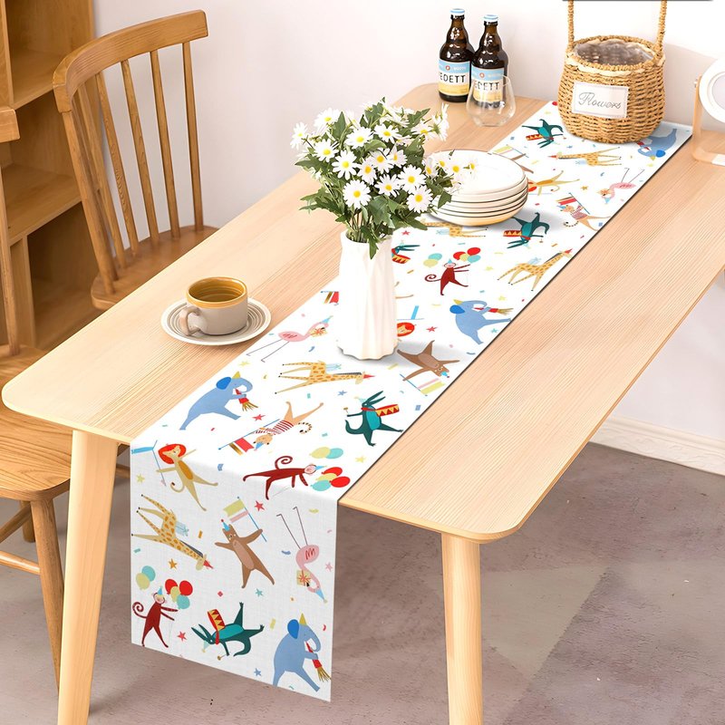 Pudodo Animal Parade Table Runner Jungle Animal Zoo Theme Birthday Party Baby Shower Kitchen Dining Room Home Decoration (13" x 72")