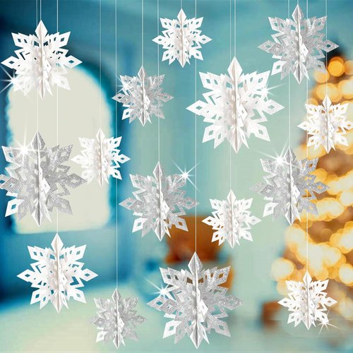 GuassLee 15-Piece 3D Glitter Snowflake Decorations | White & Silver Winter Garland for Christmas Parties