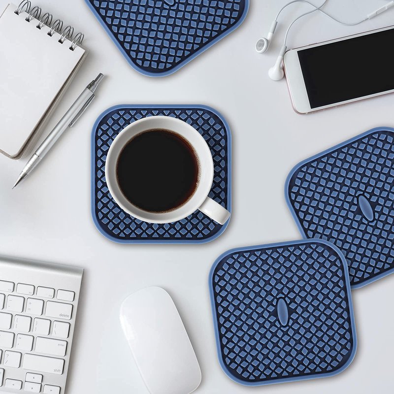 ME.FAN Silicone Coasters with Holder [6 Pack] Square Drink Cup Mat - Non-Slip, Non-stick, Stay Put, Deep Tray - Prevents Furniture and Tabletop Damages Nave Blue