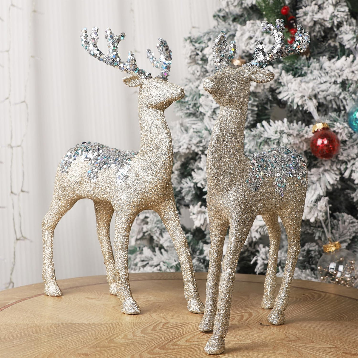 Juegoal Glitter Reindeer Figurines - Set of 2 Christmas Tabletop Decorations | 12.6" Plastic Elk Ornaments