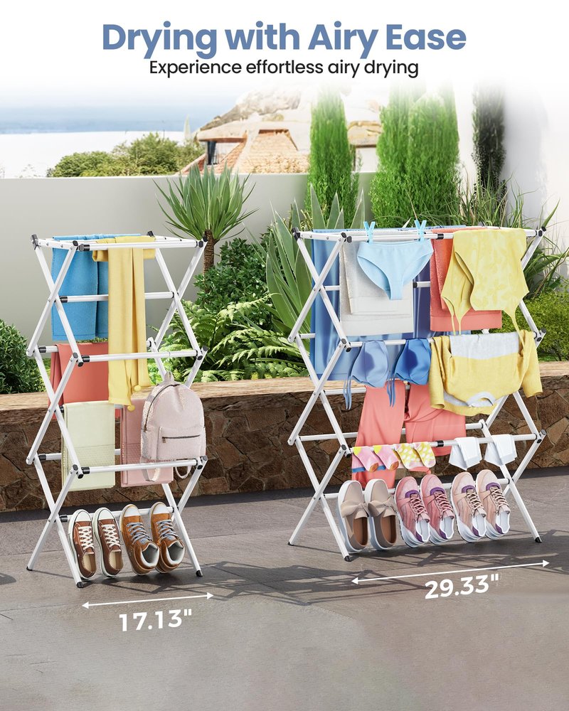APEXCHASER Clothes Drying Rack Folding - 3 Tier Laundry Drying Rack for Clothes, Expandable Metal Clothing Dryer, Collapsible Towel Rack, Air Drying Rack, White