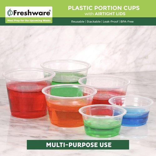 Freshware Plastic Portion Cups with Lids [2 Ounce, 200 Sets] Disposable Plastic Cups for Meal Prep, Salad Dressing, Jellos Shot Cups, Souffle Cups, Condiment and Dipping Sauce Cups