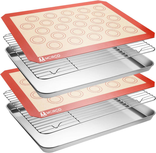 MCIRCO Stainless Steel Baking Sheet Set - 6 Pieces with Silicone Mats & Racks | 17.3 x 13 x 1 Inch