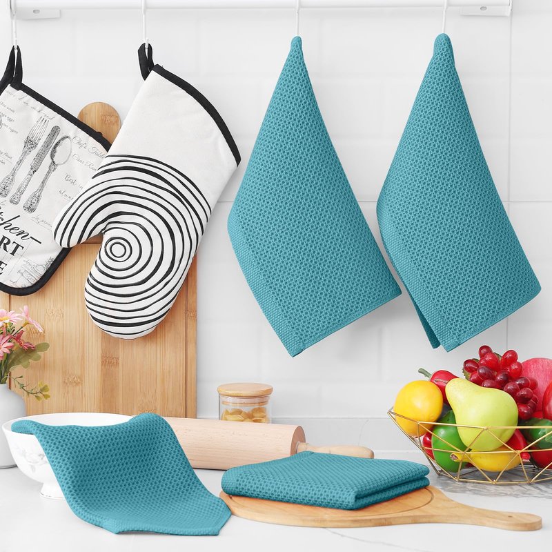 Homaxy 100% Cotton Waffle Weave Kitchen Dish Cloths, Ultra Soft Absorbent Quick Drying Dish Towels, 12 x 12 Inches, 12-Pack, Lake Blue