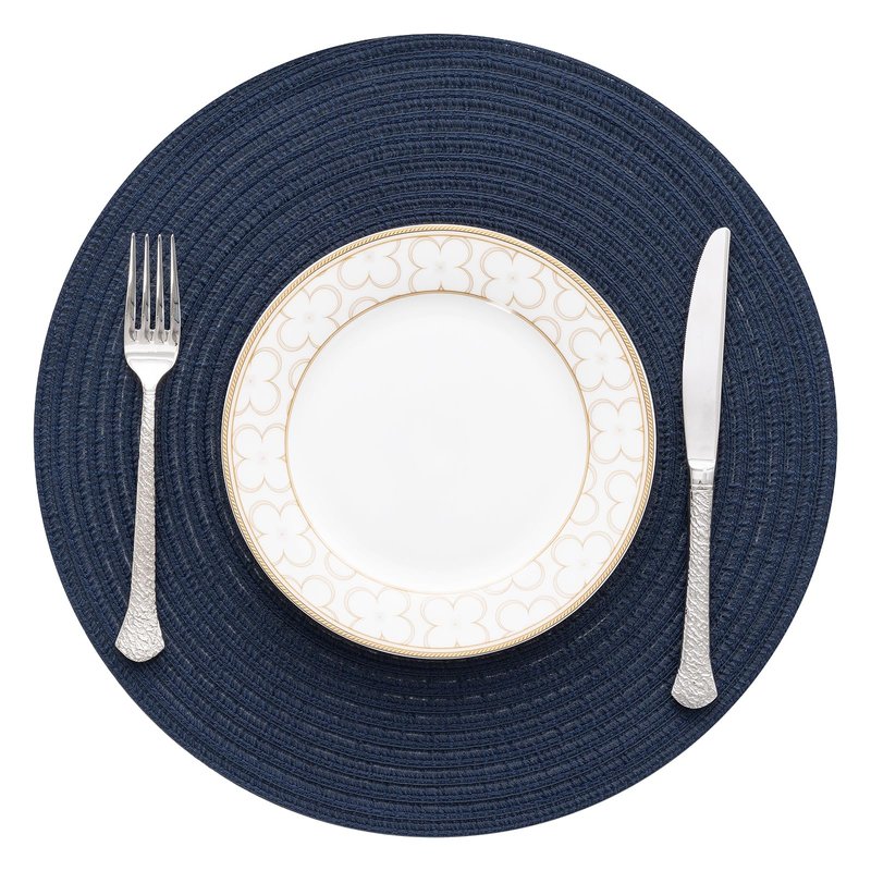 SHACOS Round Placemats Set of 4 Washable 15 inch Round Table Mats Cotton Polyester Woven Braided Place Mats for Dining Table, Navy