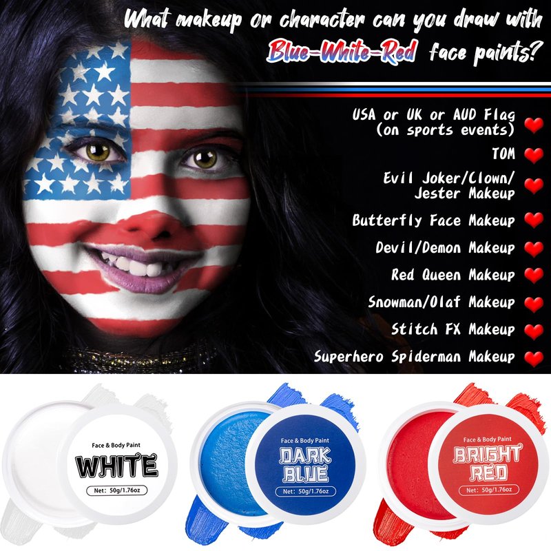 TonJin White Red Blue Face Body Paint Set 5.28oz,Non-Toxic Professional Facepaint Makeup Kit with 3 Brushes for 4th of July USA Independence Day Football Softball Players Clown Spiderman