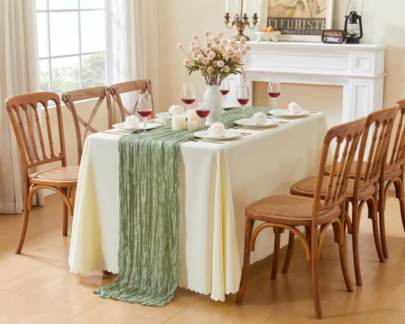 QINJIEJIE Table Runner Cheesecloth 120 Inches Boho Gauze Cheese Cloth 10FT Sheer Table Runner for Summer Home Decor Birthday Wedding Baby Bridal Shower Holiday Party Decoration Sage Green