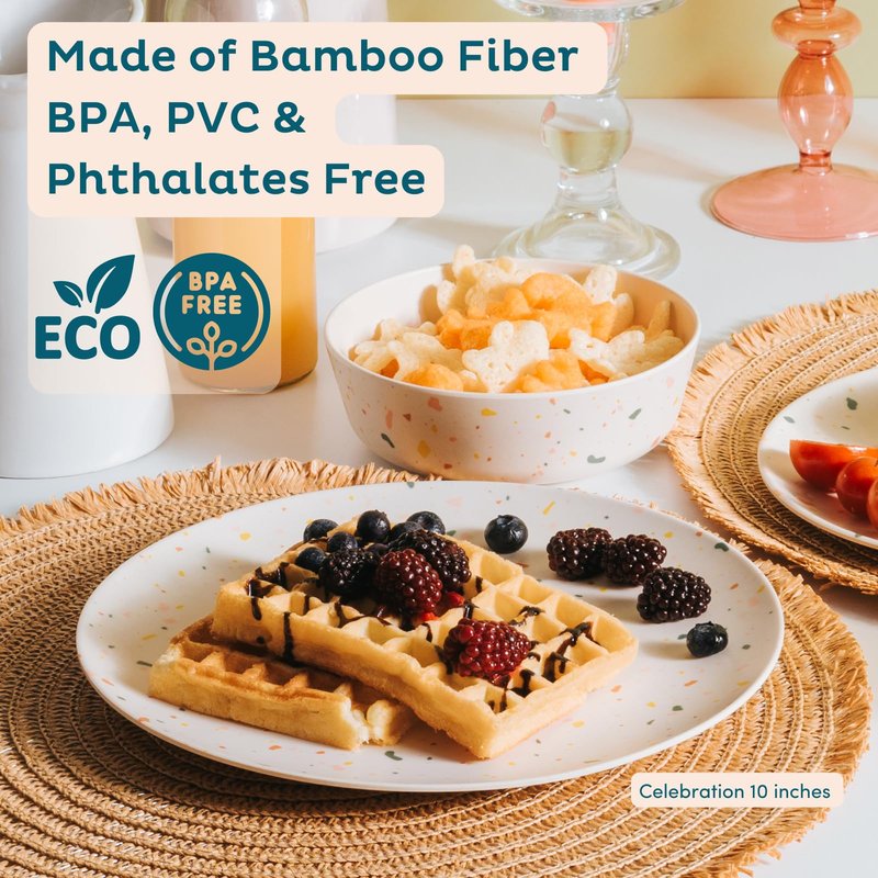 Nook Theory 4 Pack Reusable Bamboo Plates - Non-Toxic Toddler and Kids Plate, Dishwasher Safe, Not Microwavable Dinnerware (Celebration 8")