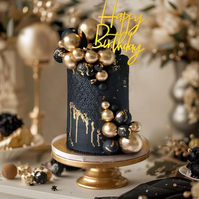 75 PCS Black and Gold Cake Decorations Balls Happy Birthday Insert Cards for DIY Cake Decoration Baby Shower Wedding Birthday Party