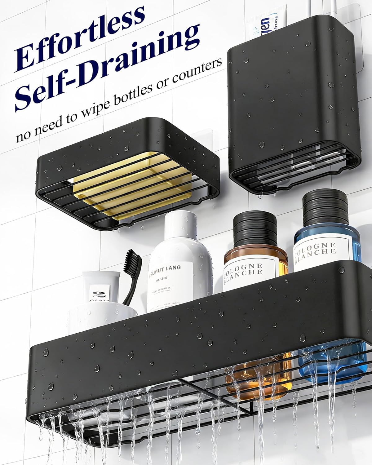 Kitsure Shower Caddy Adhesive - No-Drill Bathroom Organizer with Soap Holder & Hooks | Rustproof, Black
