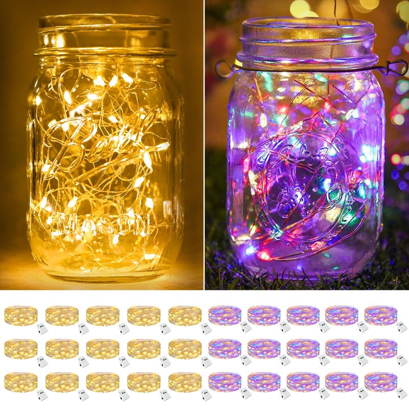 btfarm 30 Pack Fairy Lights Battery Operated [3 Modes], 7ft 20 Led Twinkle String Lights Waterproof Bulk Small Mini Sliver Wire for Christmas Mason Jars Wedding Table Centerpiece, Warm White/Colorful