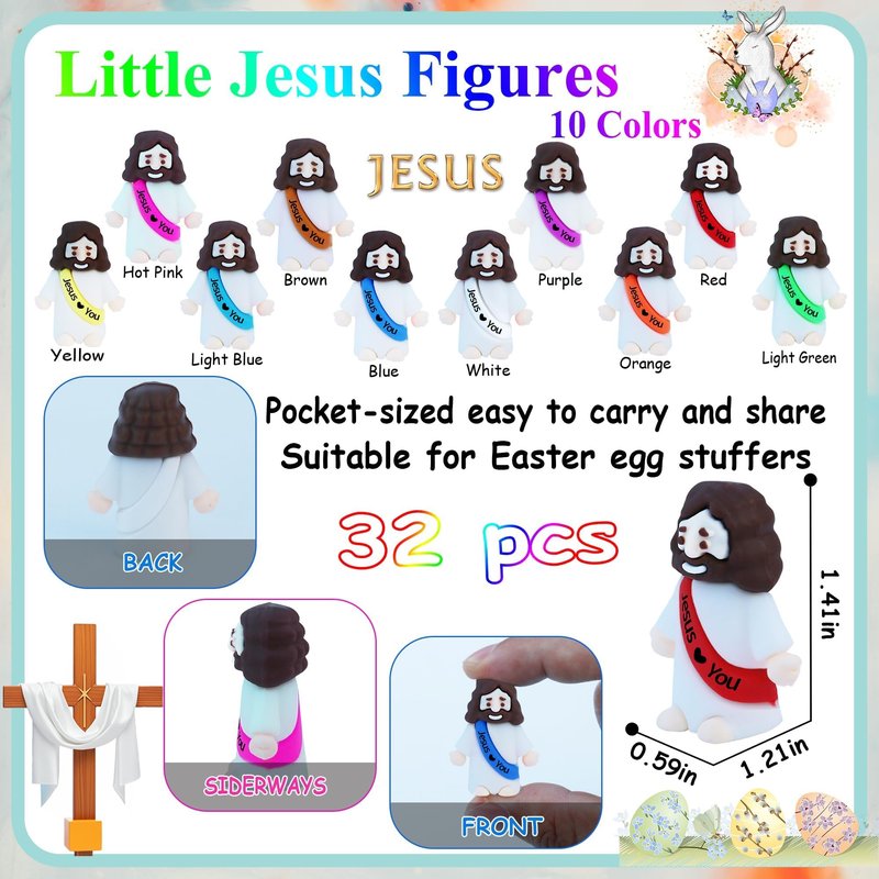 32 Pcs Little Jesus Figures– Rubber Mini Jesus Figurines in Bulk Christian Doll Tiny Baby Jesus Loves You Figures for Hide and Seek Easter Egg Fillers Egg Hunt Religious Party Favors (Mix Color 10)
