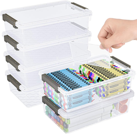Skiennix Extra Large Pencil Box - Clear Stackable Organizer with Removable Divider | 6 Pack, Grey