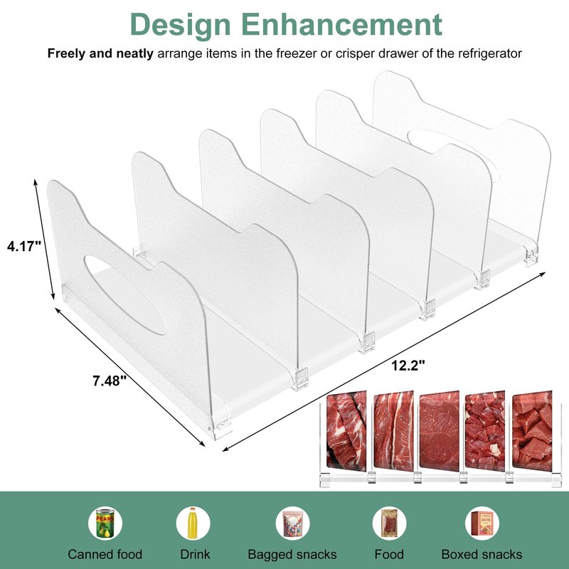 SURETIVIAN Freezer Organizer 12” Visible Fridge Organizer Rack with Removable Dividers and Handles, Freely Adjustable, Fits Refrigerator Frozen Meals, Lunch Meat Box, Cheeses(White)
