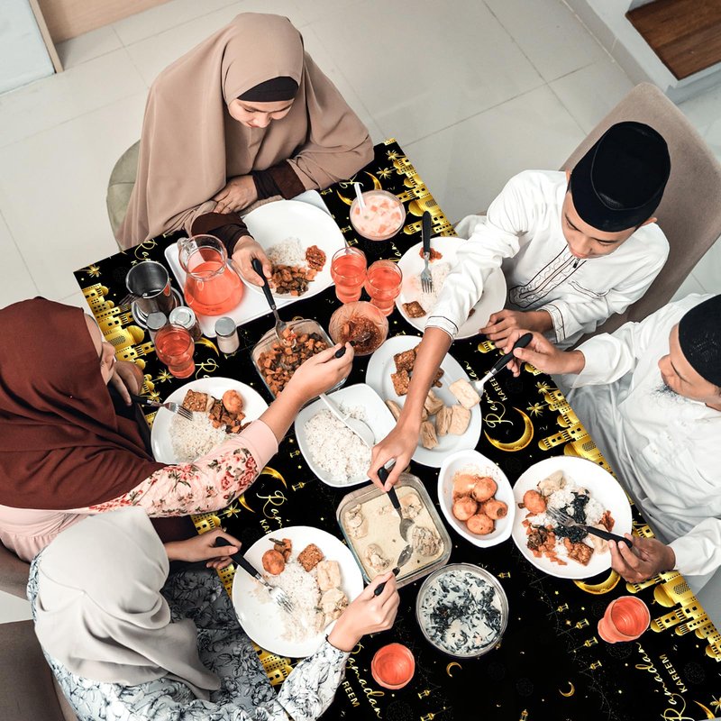 PHOGARY Ramadan Decorations 2 Pcs Ramadan Kareem Tablecloth, Ramadan Tablecloths Disposable Rectangle Plastic Eid Mubarak Table Covers for Eid Al-fitr Party Eid Decorations 54" X108", Black and White