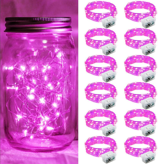 Skiennix 12-Pack Pink Fairy Lights - 7Ft 20 LED Twinkle String Lights | Battery Operated & Waterproof for Parties, Weddings, and Decor