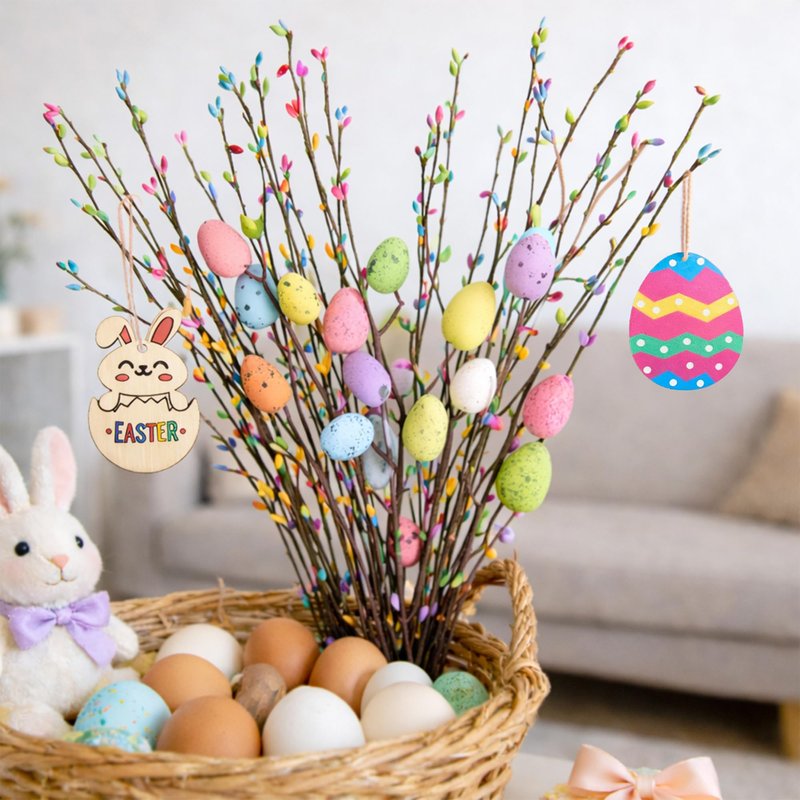 KENJOVIVO Artificial Easter Spray Vine with Pastel Easter Eggs and Berries, Wooden Eggs, Wood Rabbit & Happy Easter Ribbon, Easter Egg Twig Branches for Spring Floral Stems Home Decoration