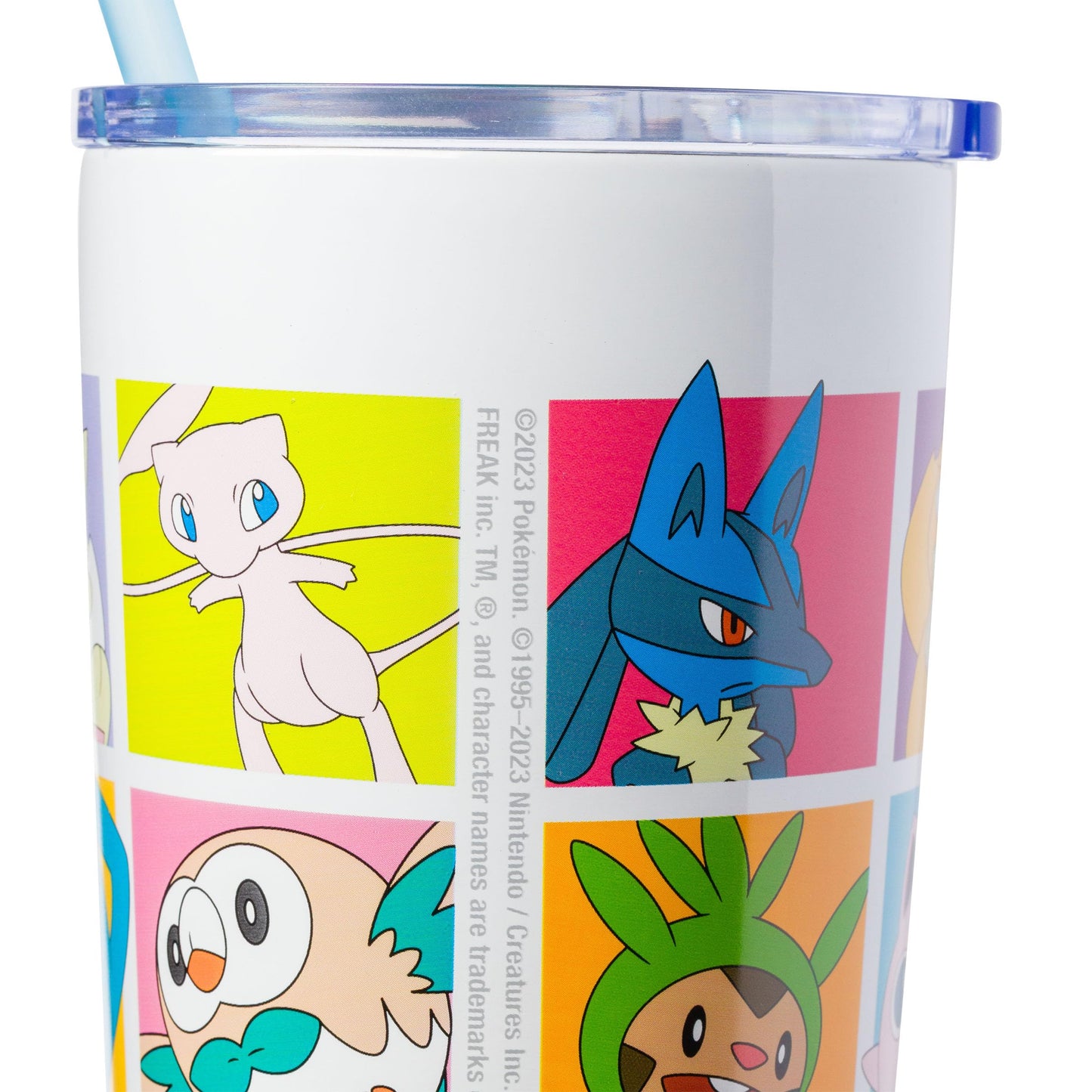 Silver Buffalo Pokemon Pikachu, Snorlax, Charmander, Squirtle, Bulbasaur, Eevee, Gengar, Togepi, Magikarp, Psyduck, Jigglypuff, Meowth, Mew Double Walled Stainless Steel Tumbler with Straw, 22 Ounces