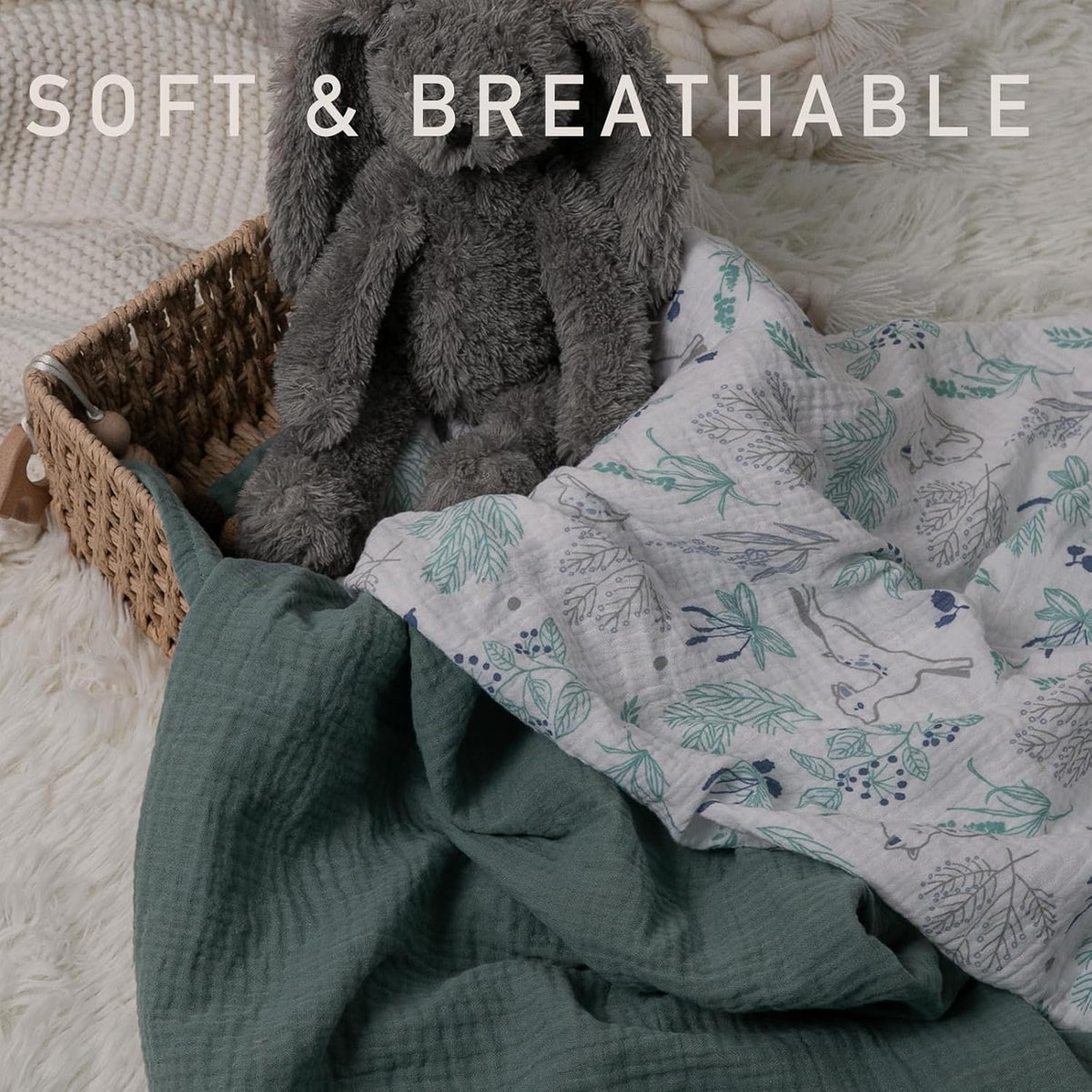 Skiennix Muslin Swaddle Blankets - Breathable Soft Receiving Blankets, 3 Pack, Large 38 x 40 Inches (Fawn & Leaves)