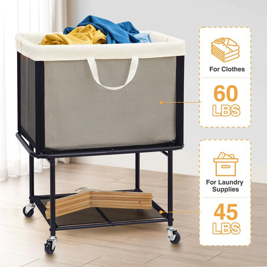 STO STO Rolling Laundry Hamper with Lockable Wheels, 29-Gallon (110L) Laundry Cart with Removable Canvas Bag, 2-Tier Clothes Basket Hamper with Shelf for Closet, Bedroom, Bathroom, Laundry Room