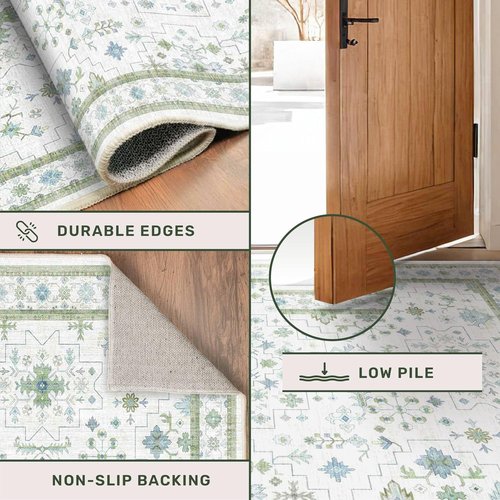 Hazo Haus Oushak 3x16 Wide Hallway Runner Rug - Vintage Turkish Floral Design | Washable, Non-Slip, Light Blue & Green