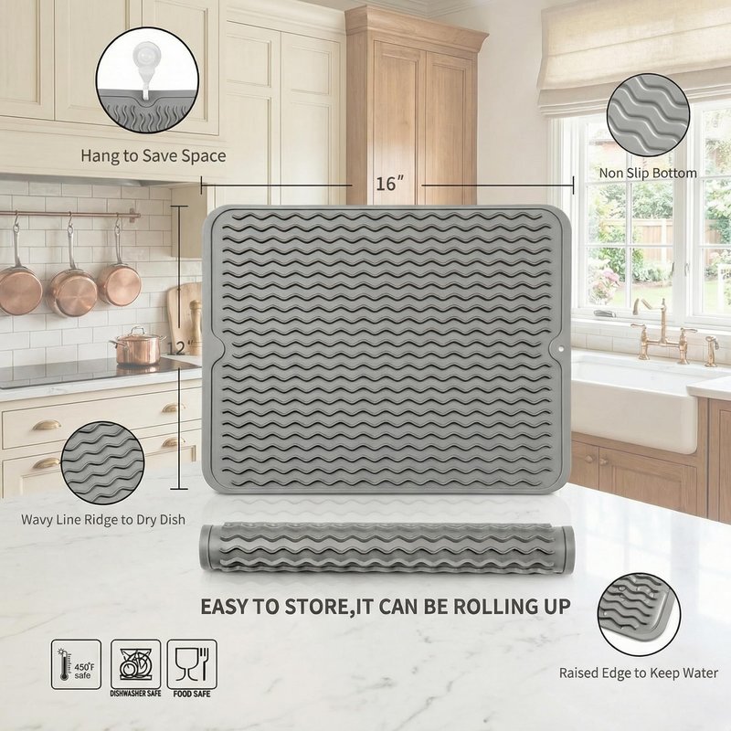 MicoYang Silicone Dish Drying Mat for Kitchen Counter or Sink, Refrigerator or Drawer Liner, Easy Clean, Eco-Friendly, Heat-Resistant, Grey, 16 inches x 12 inches