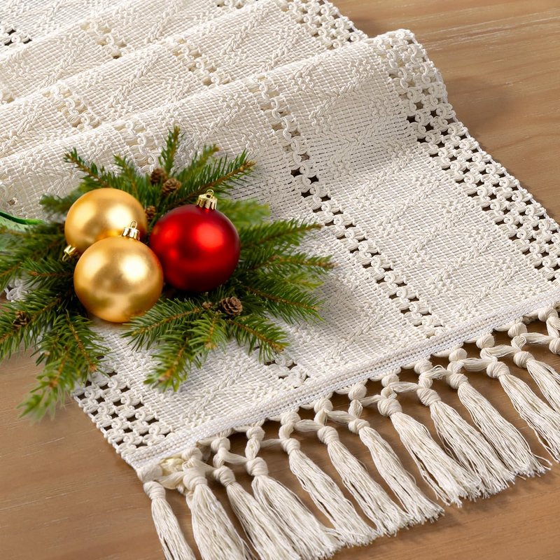 Socomi Boho Table Runner Summer Farmhouse Rustic Dining Kitchen Centerpiece Decor Small Macrame Woven Cotton Linen Coffee Table Runner for Dresser Scarf Home Decor 12x48 inch Beige