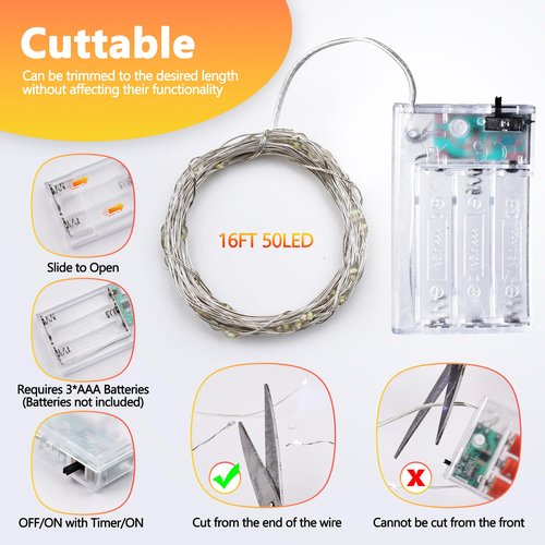Joomer LED Fairy Lights Battery Operated, 2 Pack Each 16FT 50 LED Cuttable Starry Lights with Timer for Bedroom, Parties, Wedding Christmas Indoor Decor (Warm White)